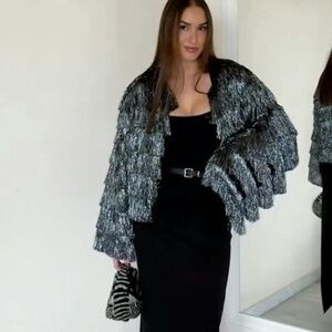 Zara FRINGED JACKET WITH METALLIC THREAD sz..M